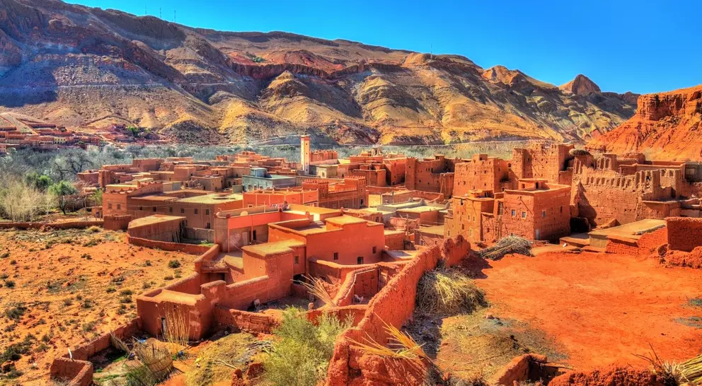 View of Bou Tharar village. Morocco, the Valley of Roses with the mountains in the background