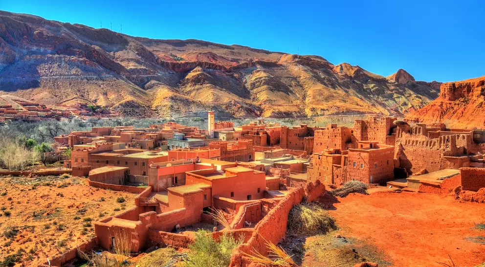 View of Bou Tharar village. Morocco, the Valley of Roses with the mountains in the background