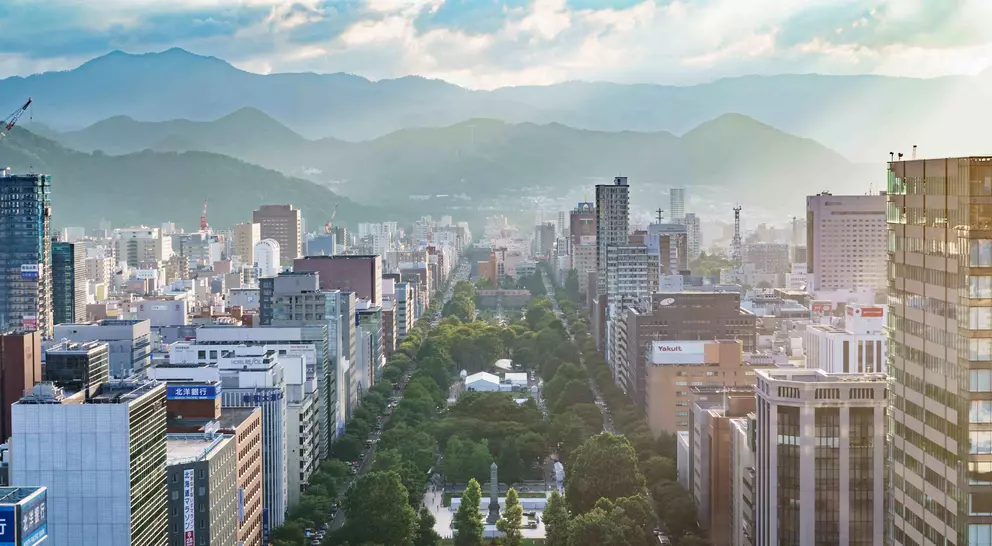Looking out at Odori park from Sapporo TV tower in Sapporo, Hokkaido, Japan
