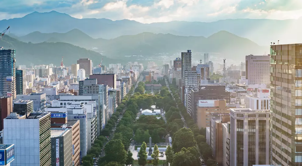 Looking out at Odori park from Sapporo TV tower in Sapporo, Hokkaido, Japan