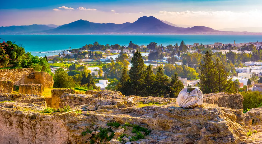 View from hill Byrsa with ancient remains of Carthage and landscape.