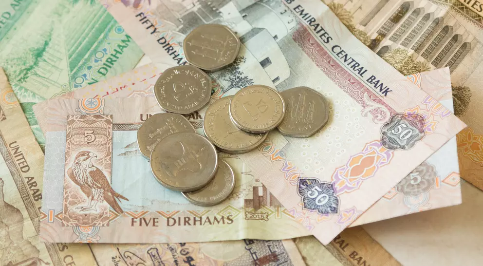 A pile of United Arab Emirates dirham banknotes and coins, featuring various denominations and designs.