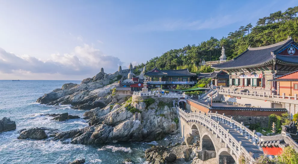 Haedong Yonggungsa Temple is situated on the edge of the rocky coast of the sea