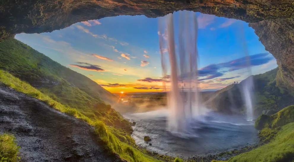 Flowing water cascading down at sunset