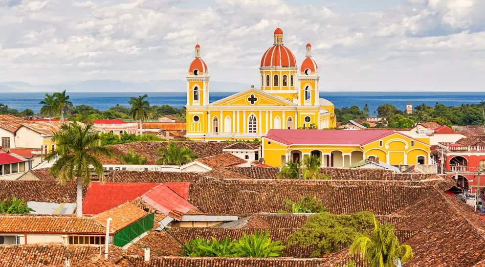 View of the city of Granada and the landmark Cathedral of Granada in Nicaragua with Lake Nicaragua in the background