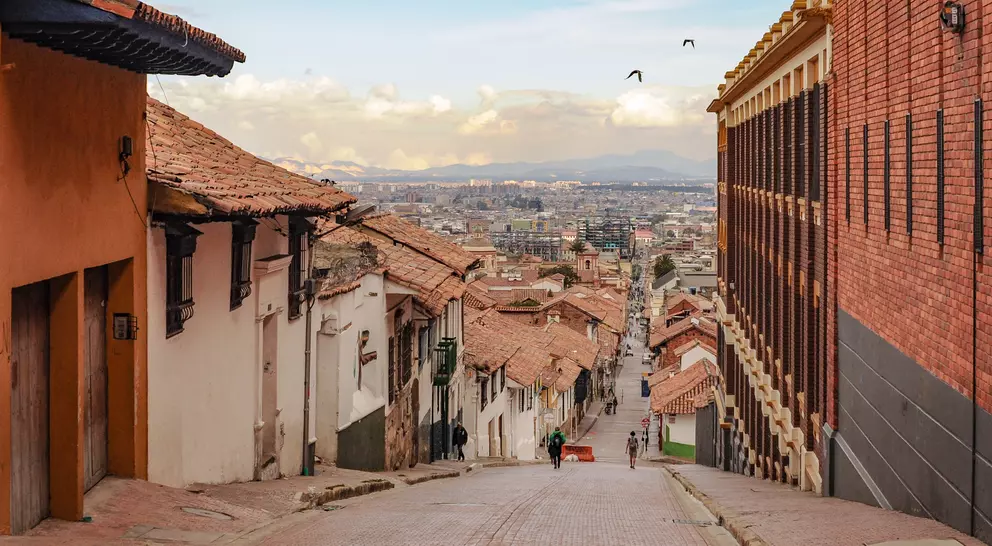 Steep street in the old town La Candelaria in Bogotá in Colombia