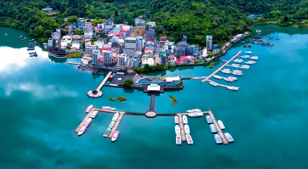 Aerial shot of wharf, pier and beautiful lake waters
