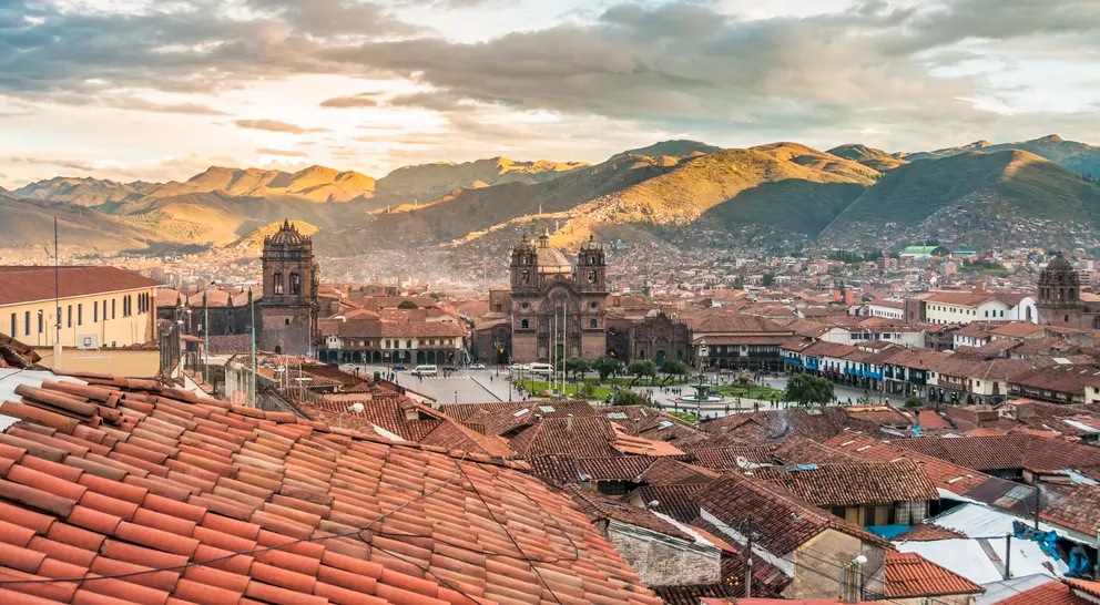 Panoramic view of Cusco and its colonial rooftops near the main square of Plaza de Armas near sunset in Peru