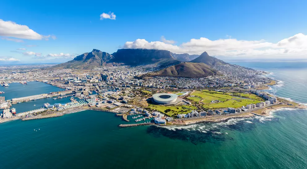 Aerial view of Cape Town, South Africa on a sunny afternoon. 