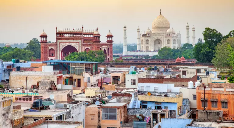 Arial view of Agra Fort and Taj Mahal at sunset
