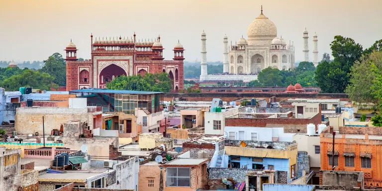 Arial view of Agra Fort and Taj Mahal at sunset