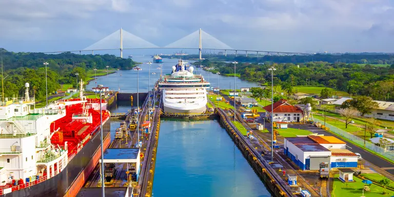 Cruise ship going through the locks of the famous canal