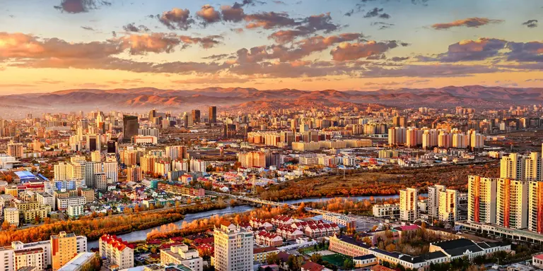 Sunset areial view of Ulaanbaatar, capital of Mongolia, the coldest capital city in the world by average yearly temperature