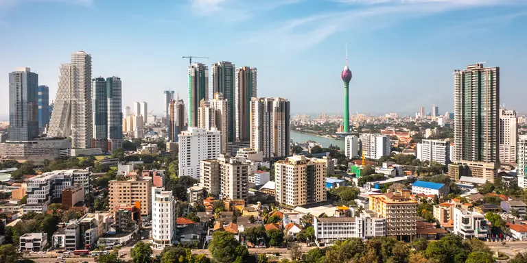 Skyline of Colombo, Sri Lanka featuring Altair towers, a 68 floor vertical tower and 63 floor for leaning tower
