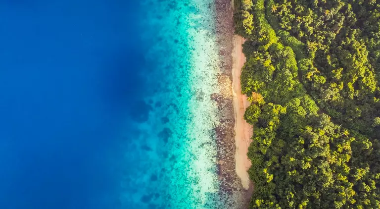 Aerial view of calm aqua marine blue water with tropical secluded beach