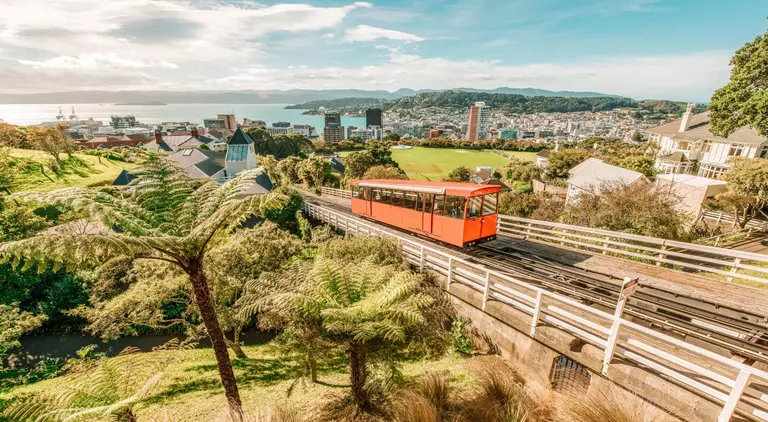 Aerial view over the city of Wellington, New Zealand, with a cable car climbing up the hill in the middle.