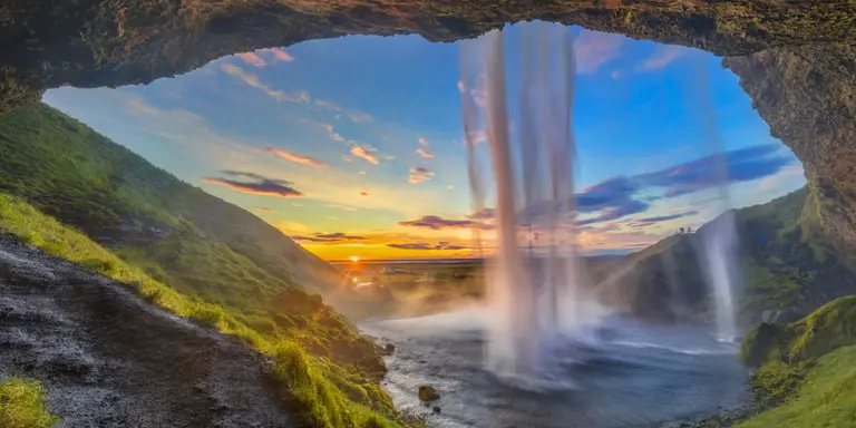 Flowing water cascading down at sunset