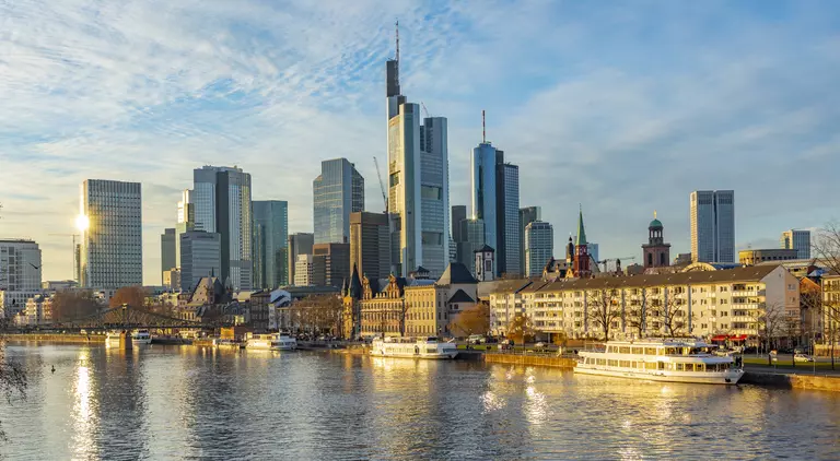 Frankfurt skyline in sunset with river Main