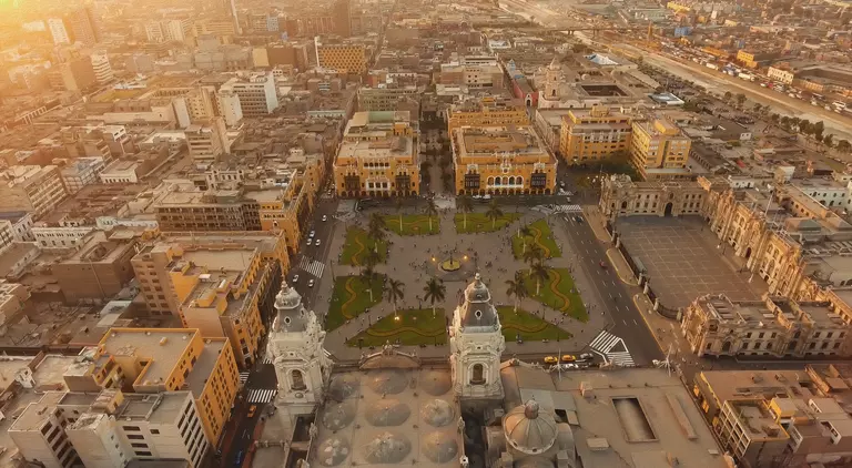 Panoramic aerial view of Lima, Peru Plaza de Armas