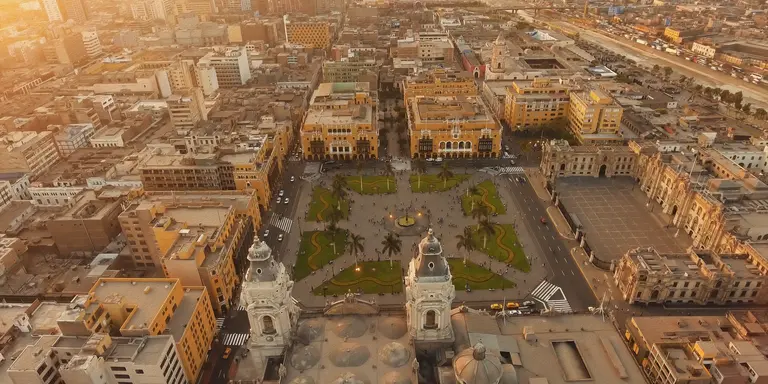 Panoramic aerial view of Lima, Peru Plaza de Armas