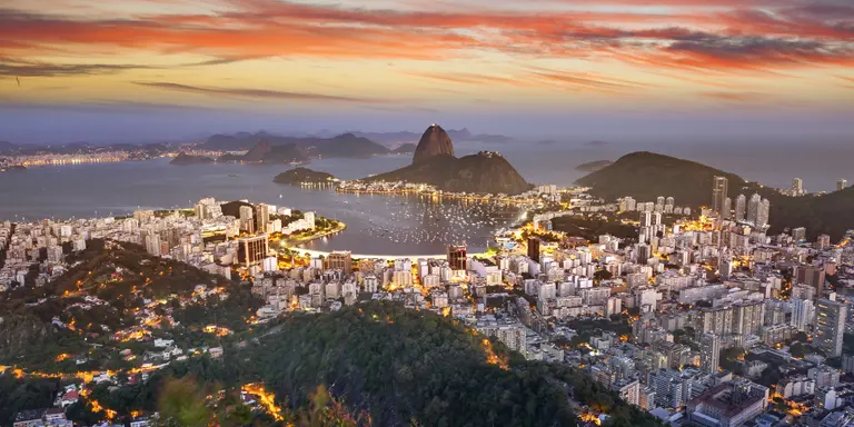 Aerial view of Rio de Janeiro Brazil with Guanabara Bay and Sugar Loaf at dusk