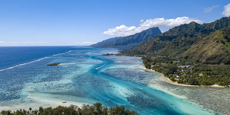 Lagoon aerial view panorama landscape of ocean coastline and mountains