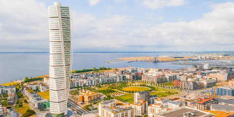 Beautiful aerial view of the Vastra Hamnen (The Western Harbour) district during sunset