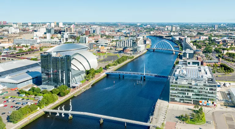 Wide angle view of the Finnieston Crane and SSE Hydro arena, Clyde Arc on the banks of the River Clyde