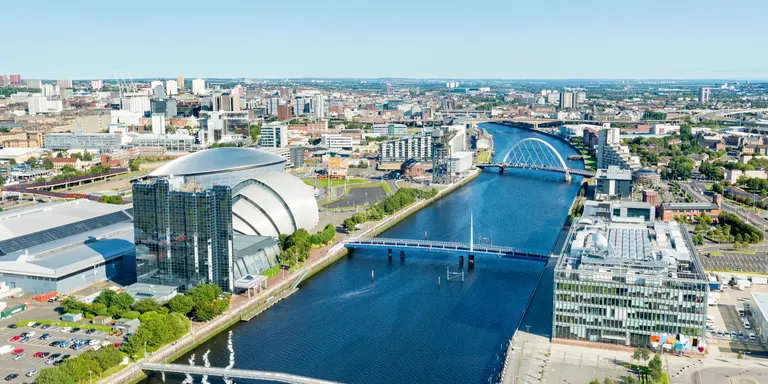 Wide angle view of the Finnieston Crane and SSE Hydro arena, Clyde Arc on the banks of the River Clyde