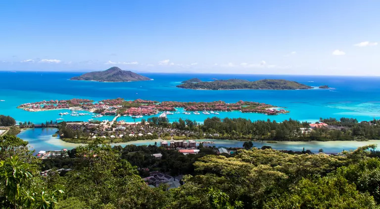 Overlook of Eden Island and Saint-Anne Marine National Park in Victoria, Seychelles