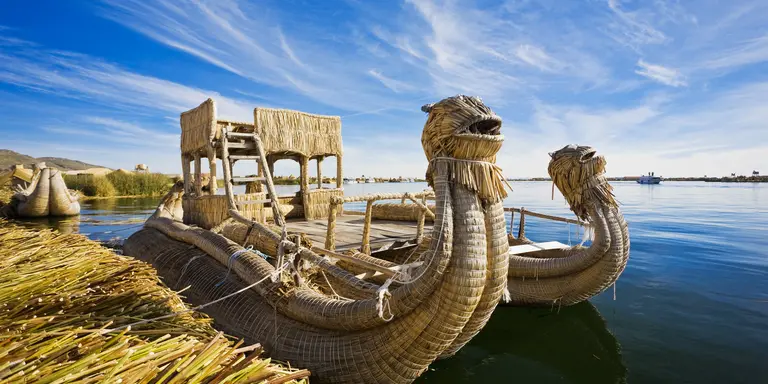 Reed boats moored on the coastline