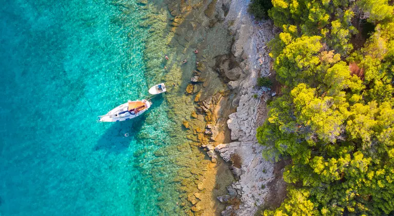 A small sailing boat is moored next to the shore which is covered with a lush pine forest in Hvar