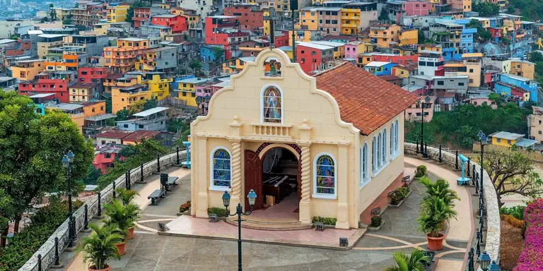 Cityscape of Santa Ana Hill Church with colorful colonial housing, Las Penas district, Guayaquil, Ecuador
