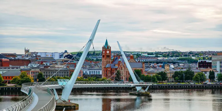 Illuminated Peace bridge in Derry Londonderry, City of Culture