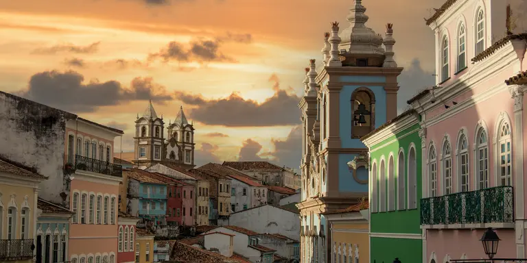 Colourful colonial style buildings in Pelourinho, the historic center of the city of Salvador Bahia Brazil