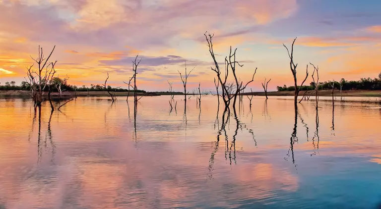 Lake Kariba is a man made lake, 226 km long and 40 km wide, located on the border between Zambia and Zimbabwe.