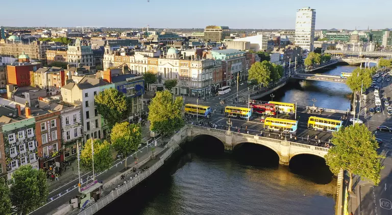 Aerial view of Liffey river and O'Connell bridge during sunset