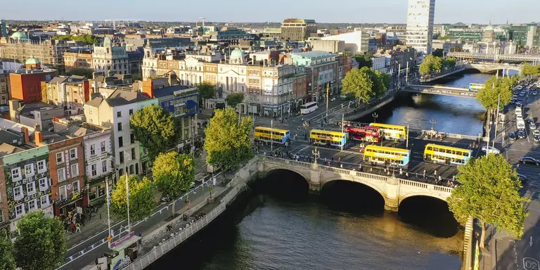 Aerial view of Liffey river and O'Connell bridge during sunset