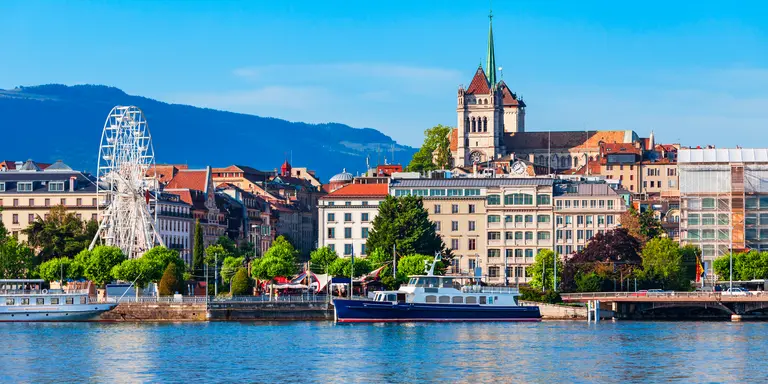 Geneva city panoramic view located on Lake Geneva