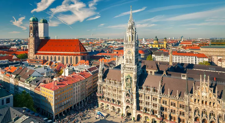 Aerial view of Munchen: New Town Hall and Frauenkirche