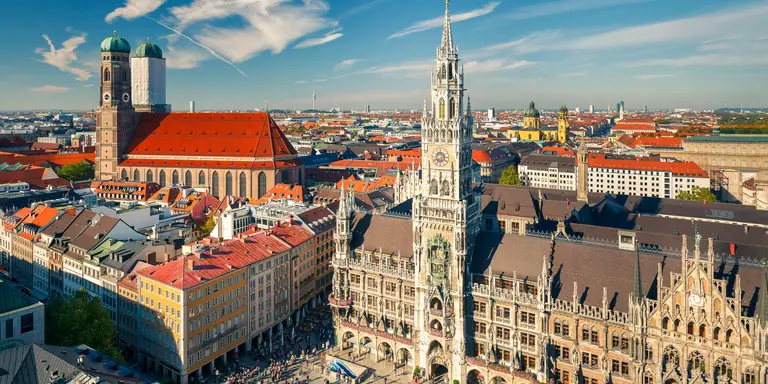 Aerial view of Munchen: New Town Hall and Frauenkirche