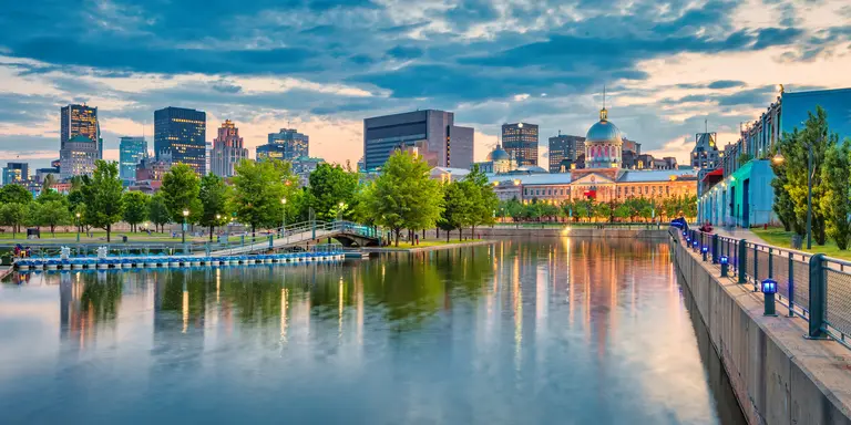 Waterfront of the Vieux Port and overlooking the city skyline and bonsecours market building