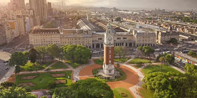 Aerial view of Torre Monumental (English Clock Tower) in Plaza Fuerza Aérea Argentina and the Retiro Railway Statio