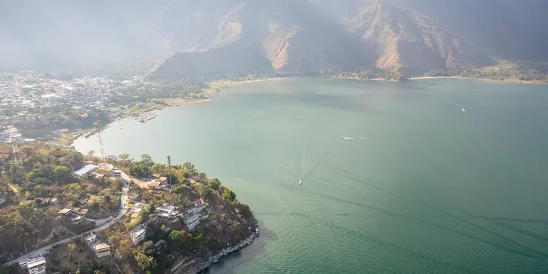 View of Lake Atitlán, a body of water in a massive volcanic crater in Guatemala’s southwestern highlands