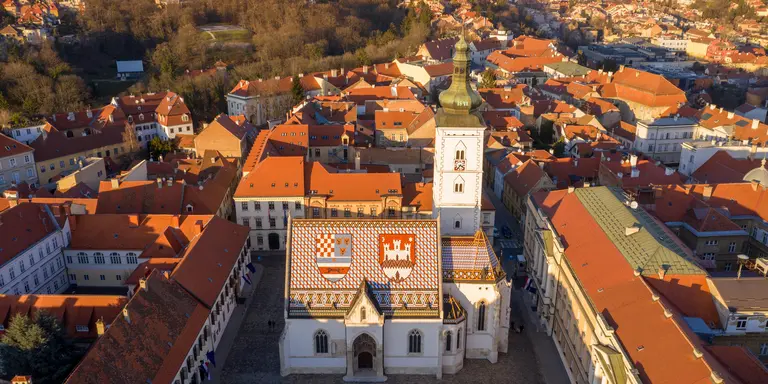 Aerial view at sunset St. Mark's Church in Zagreb
