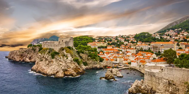 Dubrovnik fortress cityscape at sunset