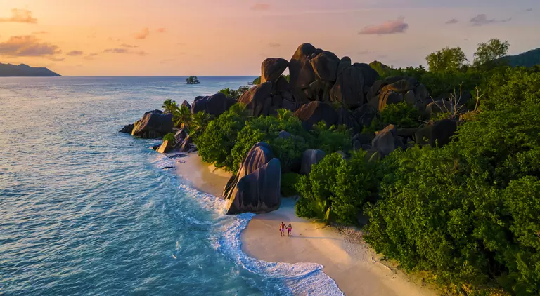 Sunset at the Anse Source d'Argent on the island of La Digue