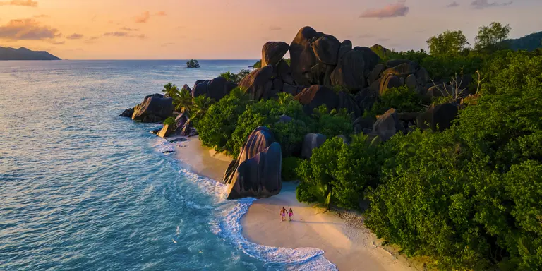 Sunset at the Anse Source d'Argent on the island of La Digue