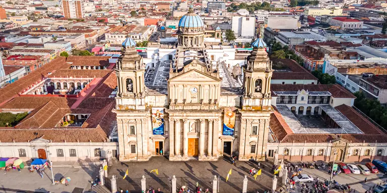 Beautiful aerial view of Guatemala City - Catedral Metropolitana de Santiago de Guatemala, the Constitution Plaza in Guatemala
