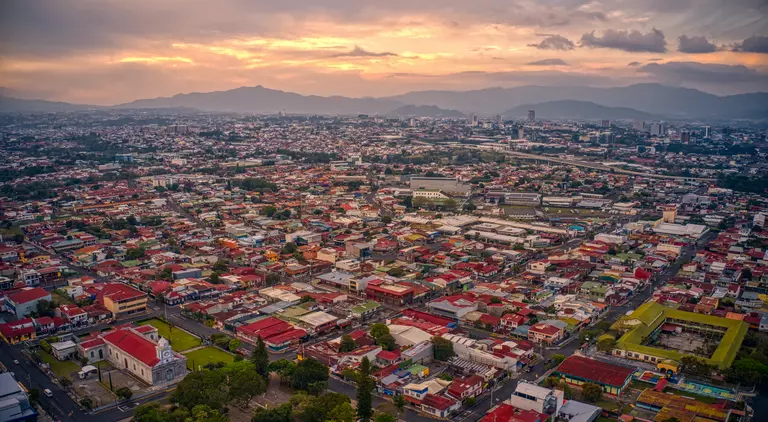 Aerial view of the many red tiled roofs in the capital city of Costa Rica, San Jose 